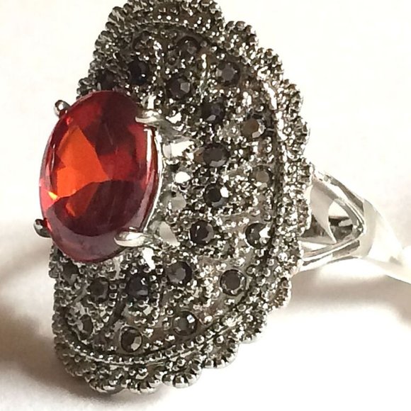 Art Deco Ruby Marcasite Cocktail Ring Size 6 7 Silver Rhodium Plated Simulated - Picture 10 of 12